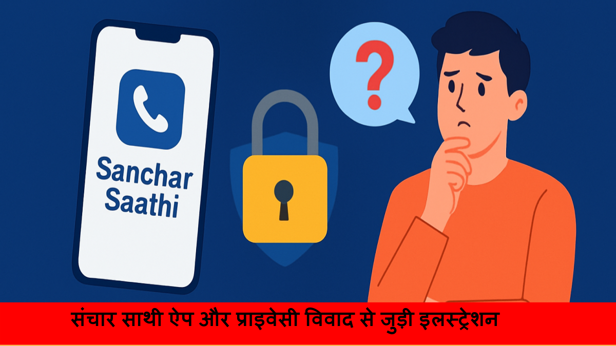 संचार साथी ऐप और प्राइवेसी विवाद से जुड़ी इलस्ट्रेशन