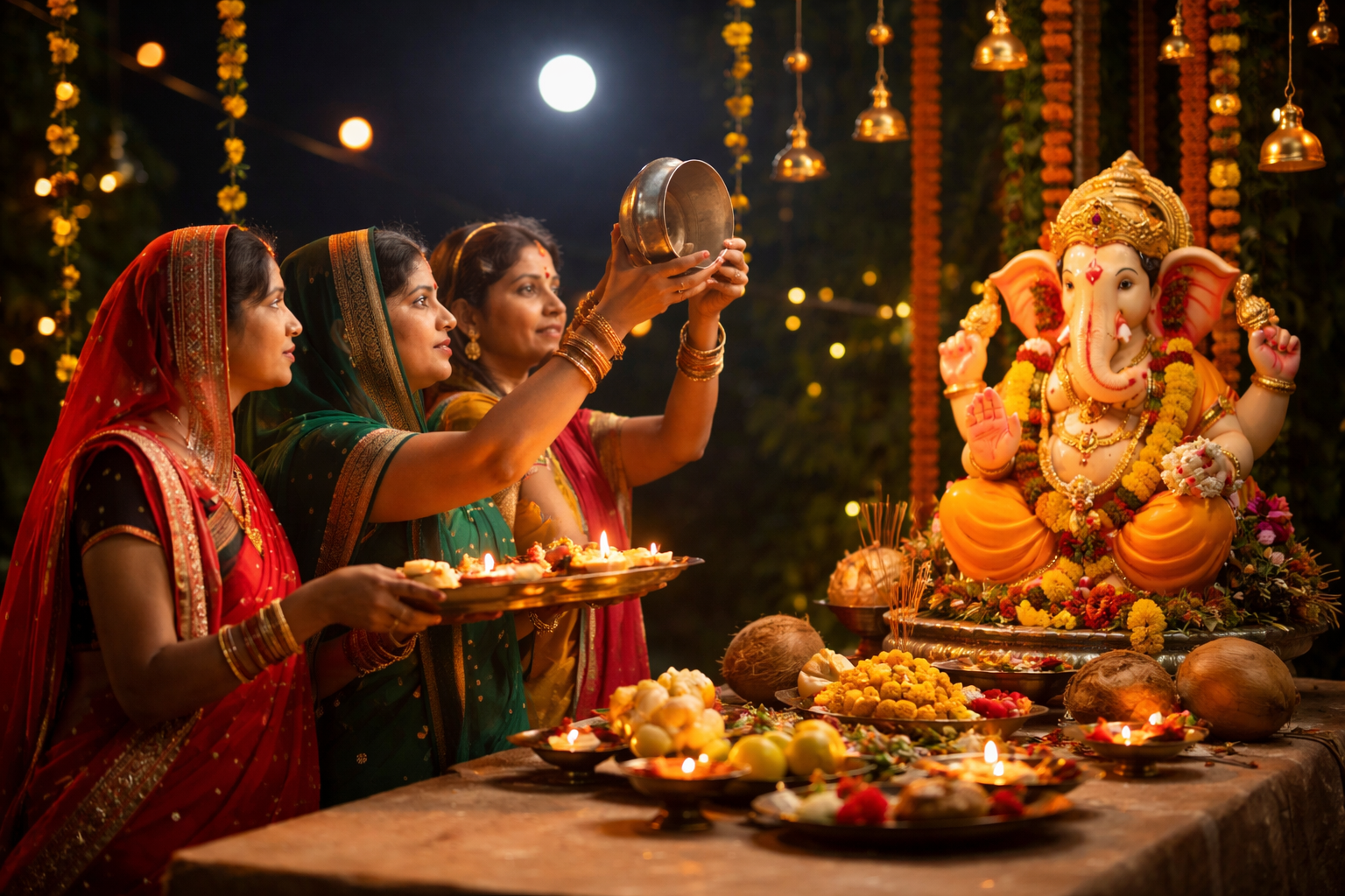 सकट चौथ व्रत में भगवान गणेश की पूजा और चंद्रमा को अर्घ्य देती महिलाएं