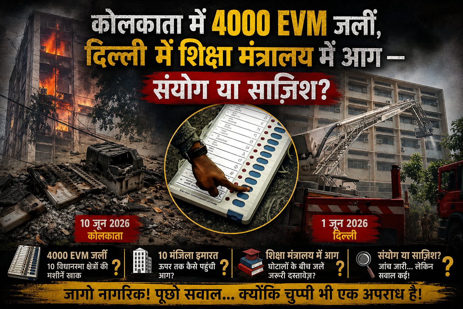 कोलकाता में 4000 EVM जलीं, दिल्ली में शिक्षा मंत्रालय में आग — संयोग या साज़िश?