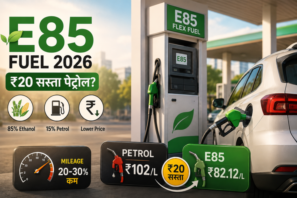 E85 ईंधन भारत 2026: ₹20 सस्ता पेट्रोल — लेकिन क्या आपकी गाड़ी E85 चला सकती है? जानिए माइलेज, नुकसान और पूरा सच