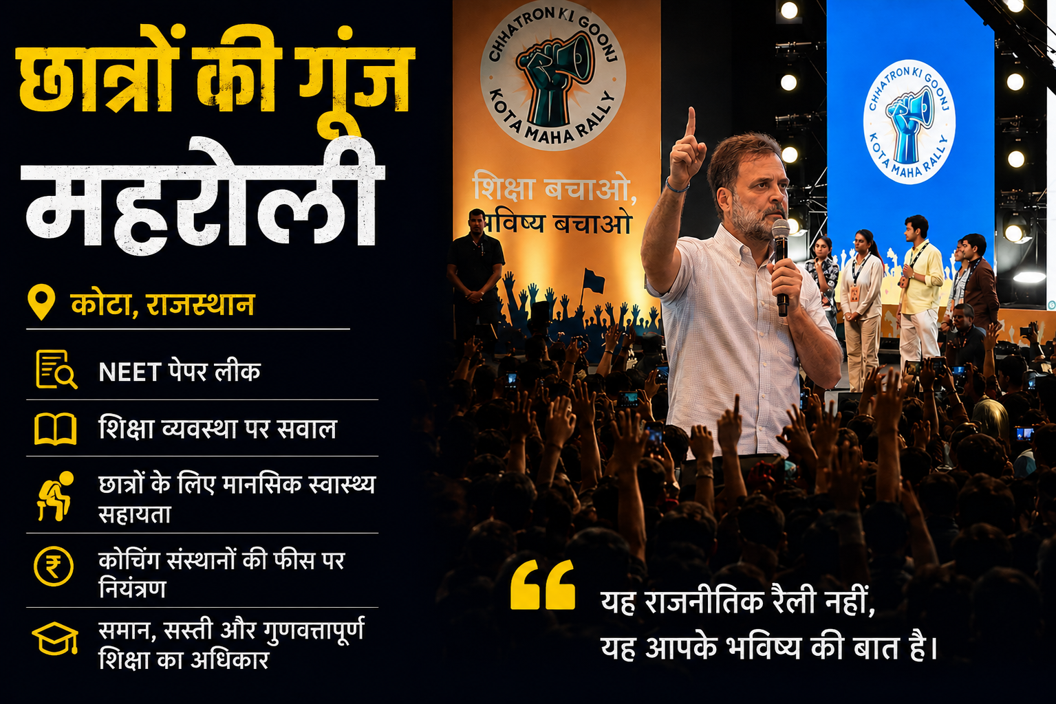 छात्रों की गूंज महारैली कोटा में राहुल गांधी ने NEET पेपर लीक और शिक्षा व्यवस्था पर उठाए सवाल