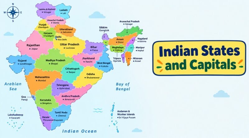 भारत के नक्शे पर 28 राज्यों और उनकी राजधानियों की सूची, बच्चों के लिए आसान